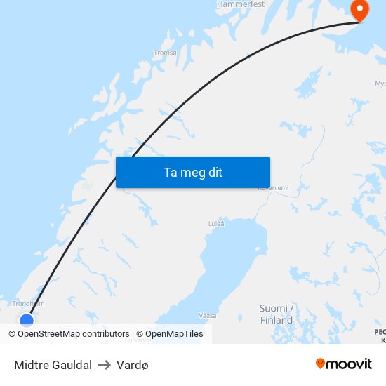 Midtre Gauldal to Vardø map