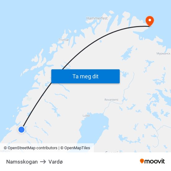 Namsskogan to Vardø map