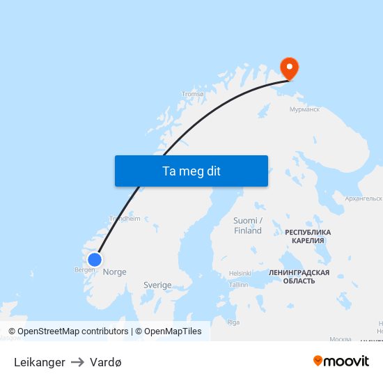Leikanger to Vardø map