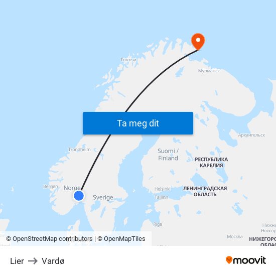 Lier to Vardø map