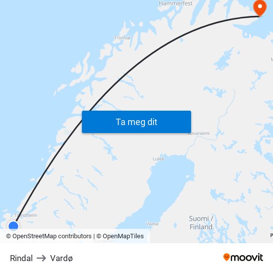 Rindal to Vardø map