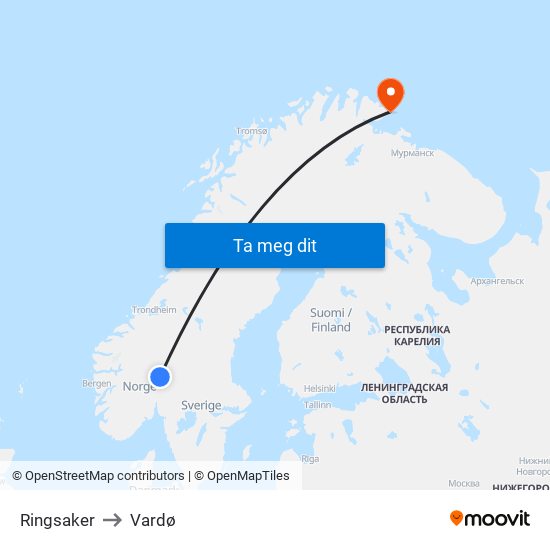 Ringsaker to Vardø map