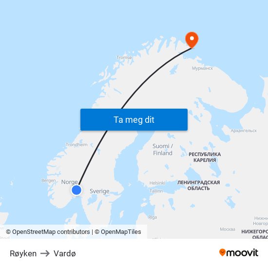 Røyken to Vardø map