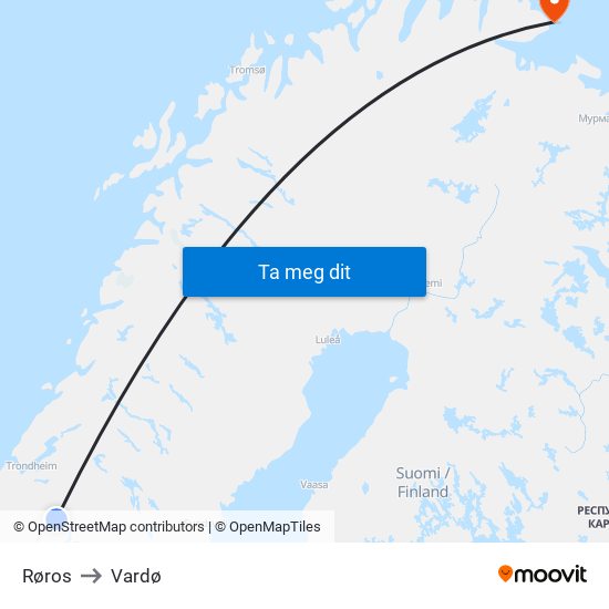 Røros to Vardø map