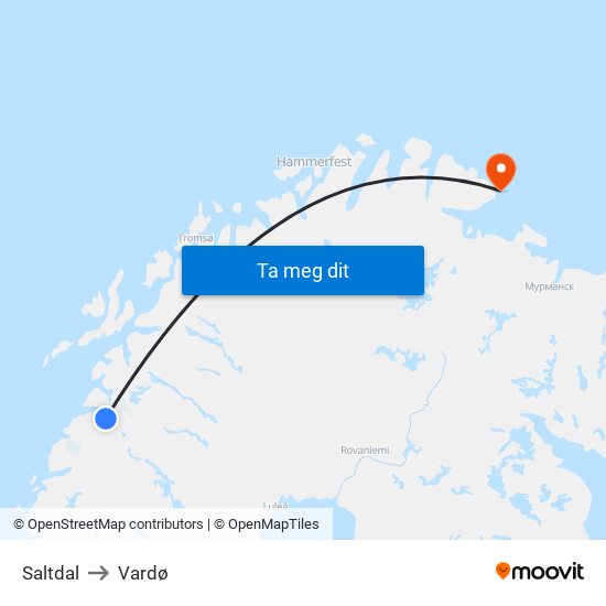 Saltdal to Vardø map