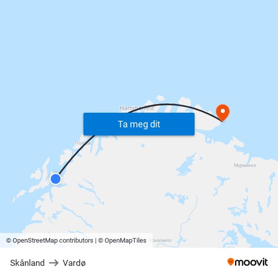 Skånland to Vardø map