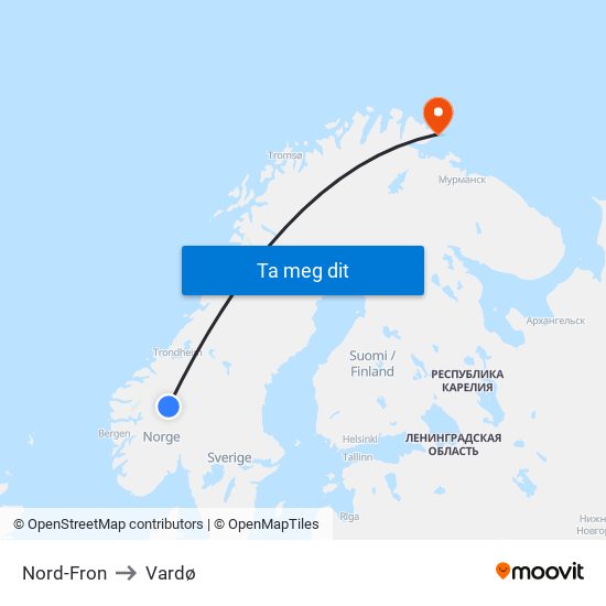 Nord-Fron to Vardø map