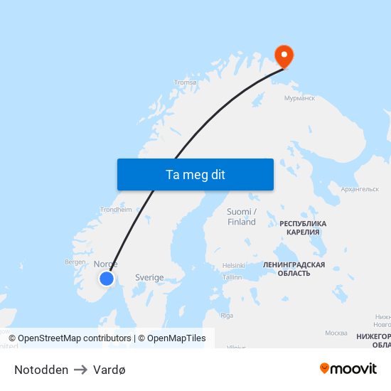 Notodden to Vardø map
