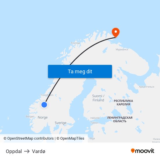 Oppdal to Vardø map
