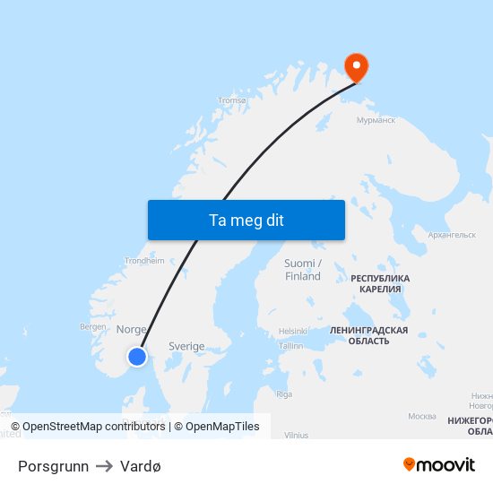 Porsgrunn to Vardø map