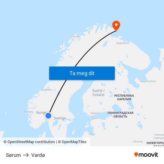 Sørum to Vardø map