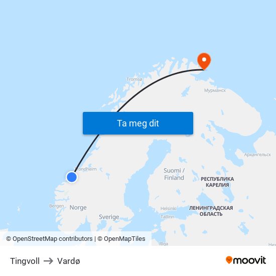 Tingvoll to Vardø map