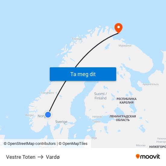 Vestre Toten to Vardø map