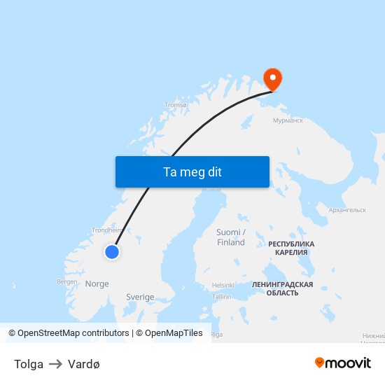 Tolga to Vardø map
