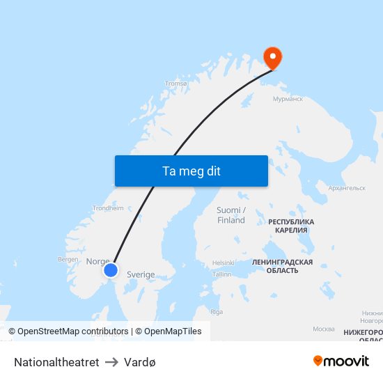 Nationaltheatret to Vardø map