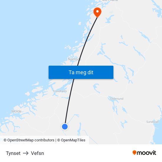 Tynset to Vefsn map