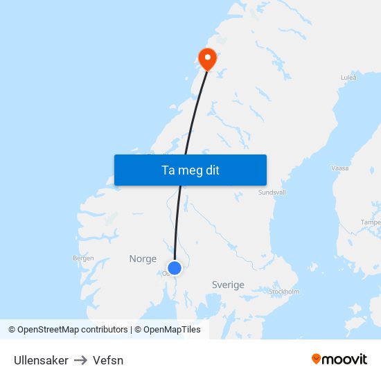 Ullensaker to Vefsn map