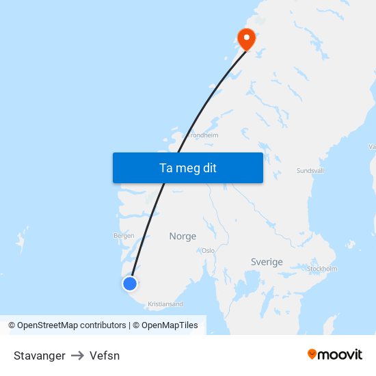 Stavanger to Vefsn map