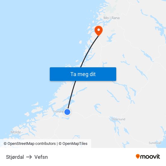 Stjørdal to Vefsn map