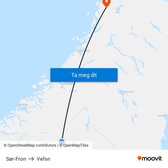 Sør-Fron to Vefsn map