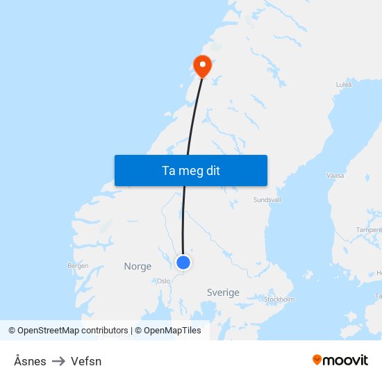 Åsnes to Vefsn map