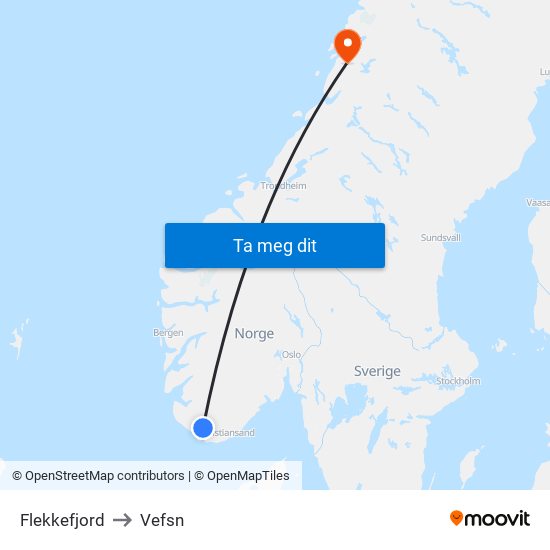 Flekkefjord to Vefsn map