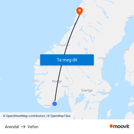 Arendal to Vefsn map