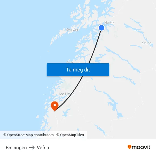 Ballangen to Vefsn map
