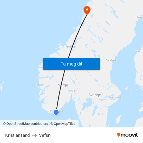 Kristiansand to Vefsn map