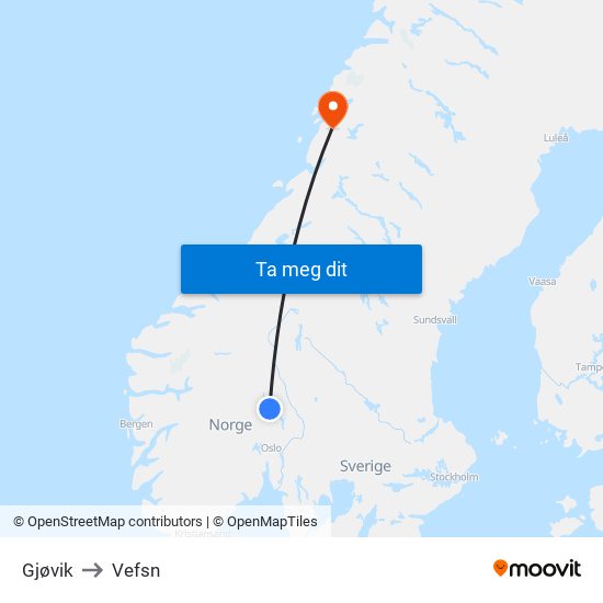 Gjøvik to Vefsn map
