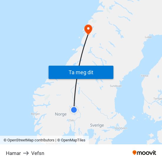 Hamar to Vefsn map