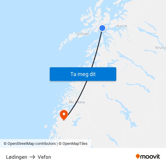 Lødingen to Vefsn map