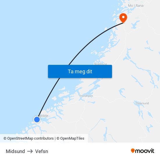 Midsund to Vefsn map