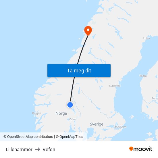 Lillehammer to Vefsn map