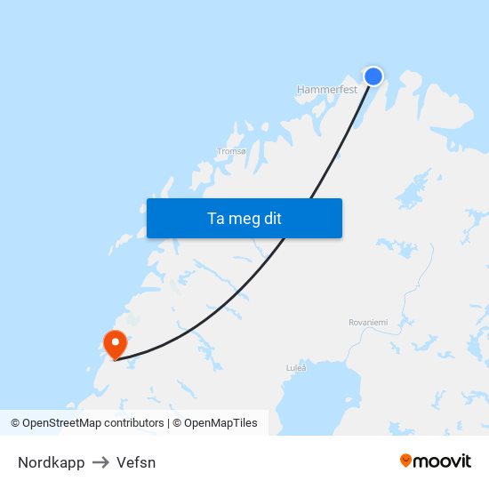 Nordkapp to Vefsn map