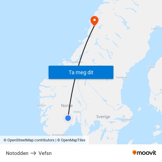 Notodden to Vefsn map