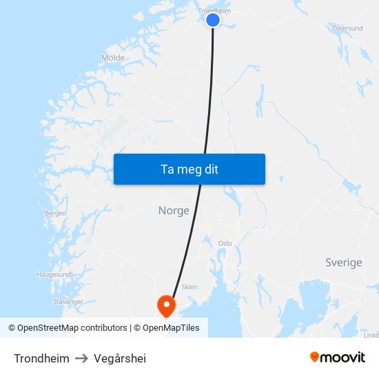 Trondheim to Vegårshei map
