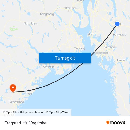 Trøgstad to Vegårshei map