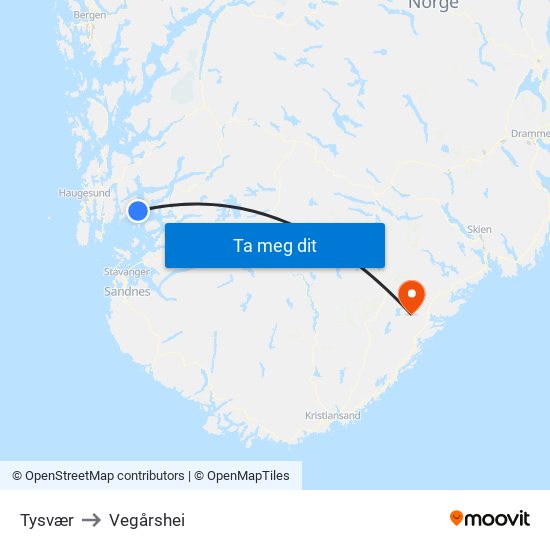 Tysvær to Vegårshei map