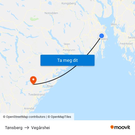 Tønsberg to Vegårshei map