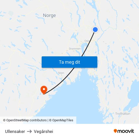 Ullensaker to Vegårshei map