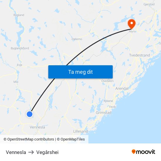 Vennesla to Vegårshei map