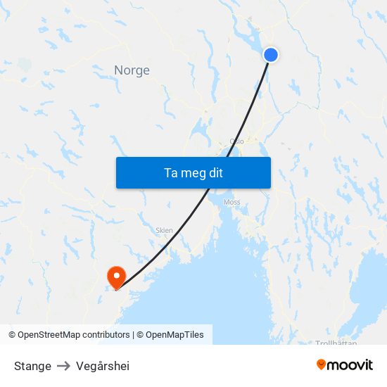 Stange to Vegårshei map