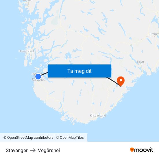 Stavanger to Vegårshei map