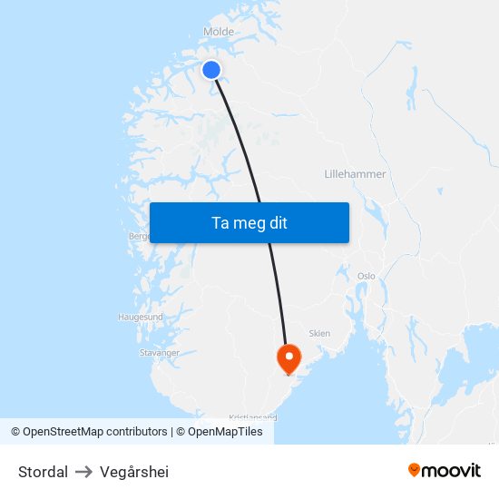 Stordal to Vegårshei map