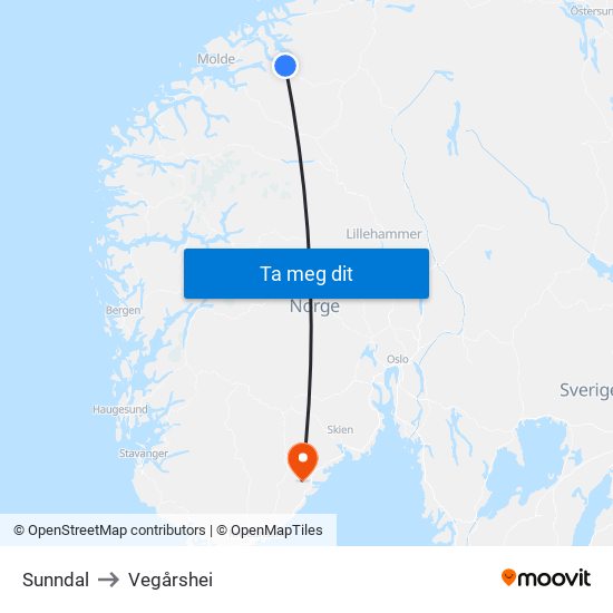 Sunndal to Vegårshei map