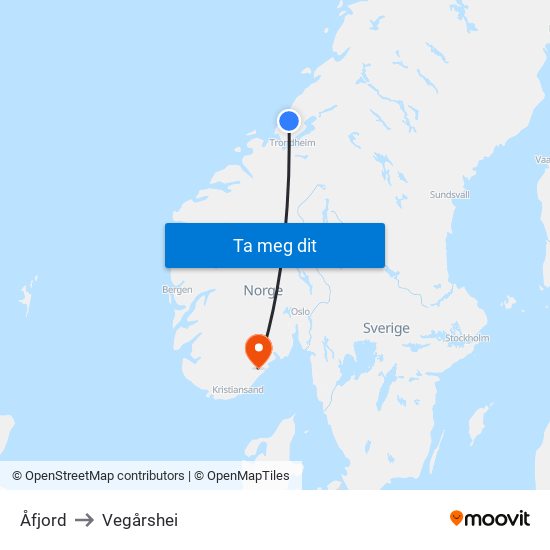 Åfjord to Vegårshei map