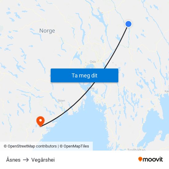 Åsnes to Vegårshei map