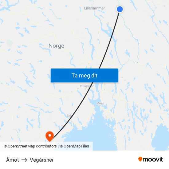 Åmot to Vegårshei map