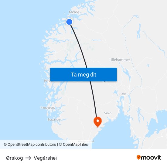 Ørskog to Vegårshei map